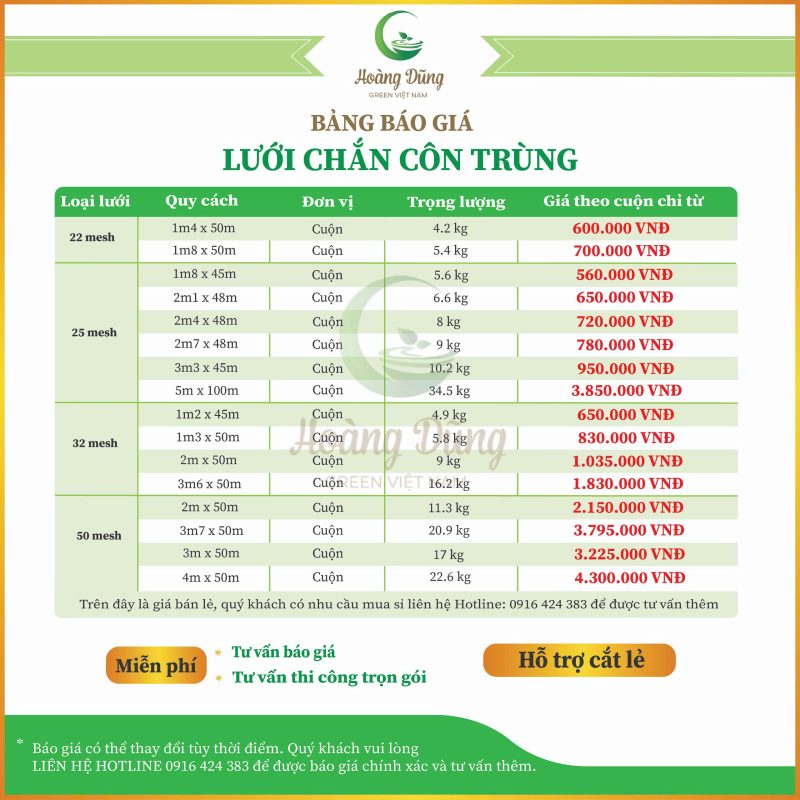 bảng giá lưới chắn côn trùng 50 mesh