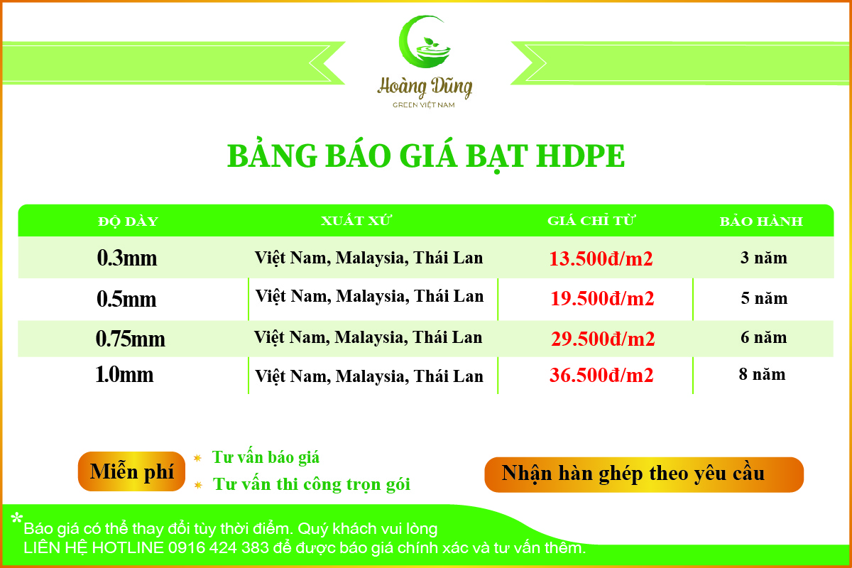 bảng báo giá bạt HDPE