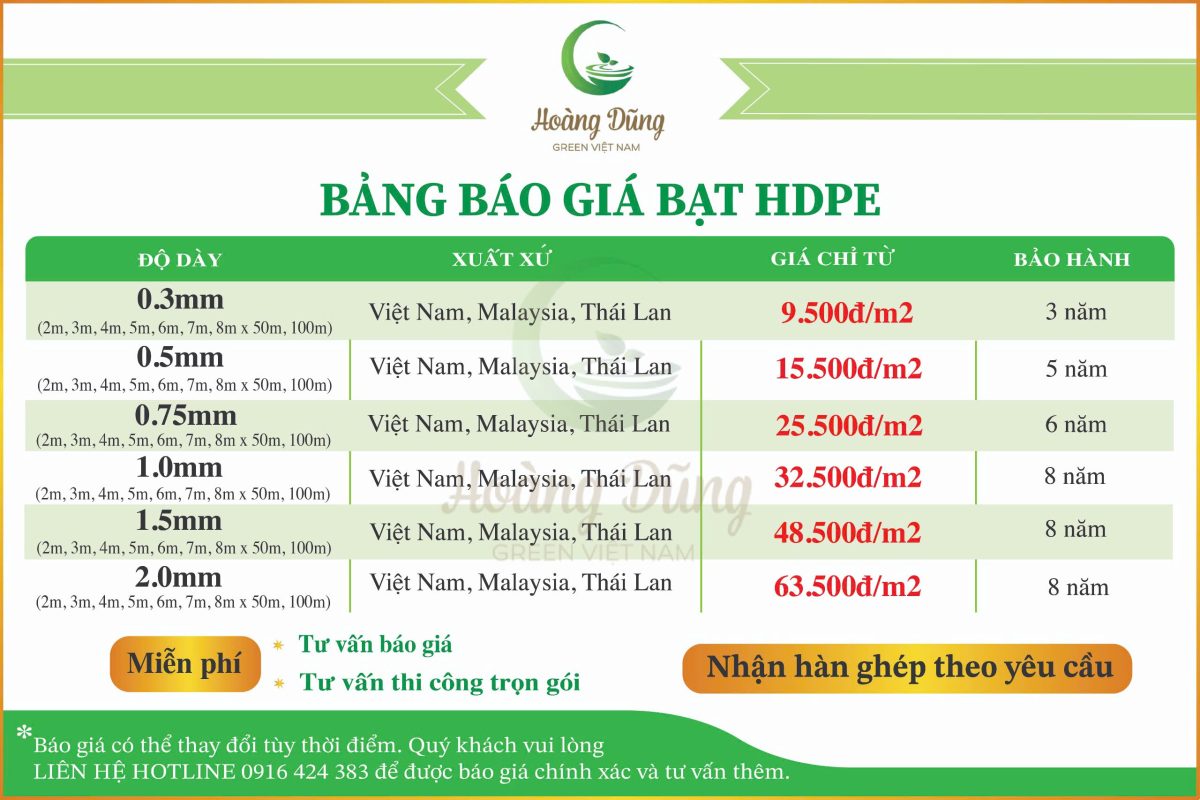 bảng báo giá bạt HDPE 1mm